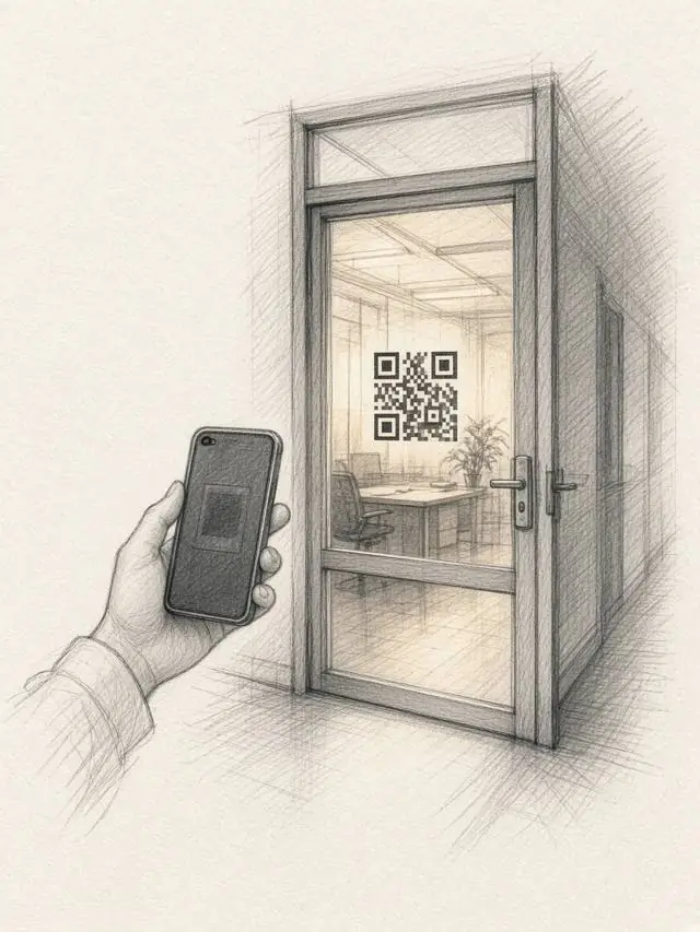 Pencil sketch of a phone scanning a QR code on a glass office door